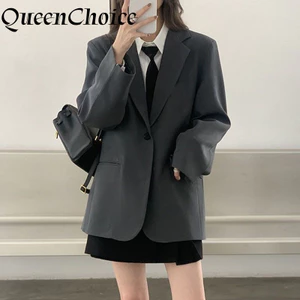 Nữ Màu Xám Chắc Chắn Dài Tay Áo Blazer Nữ Chắc Chắn Trắng Văn Phòng Nữ OL Công Sở Phù Hợp Với Áo Khoác Ngoài