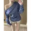 Áo sơ mi dài tay sọc xanh không đều dành cho nữ mùa thu Niche Slim-Fit Áo sơ mi Pure Desire