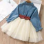 ✿ Bé Gái Denim Áo Tulle Chắp Vá Đầm Peter Pan Cổ Áo Chấm Bi Nơ Mềm Mại Trẻ Em Đầm Công Chúa