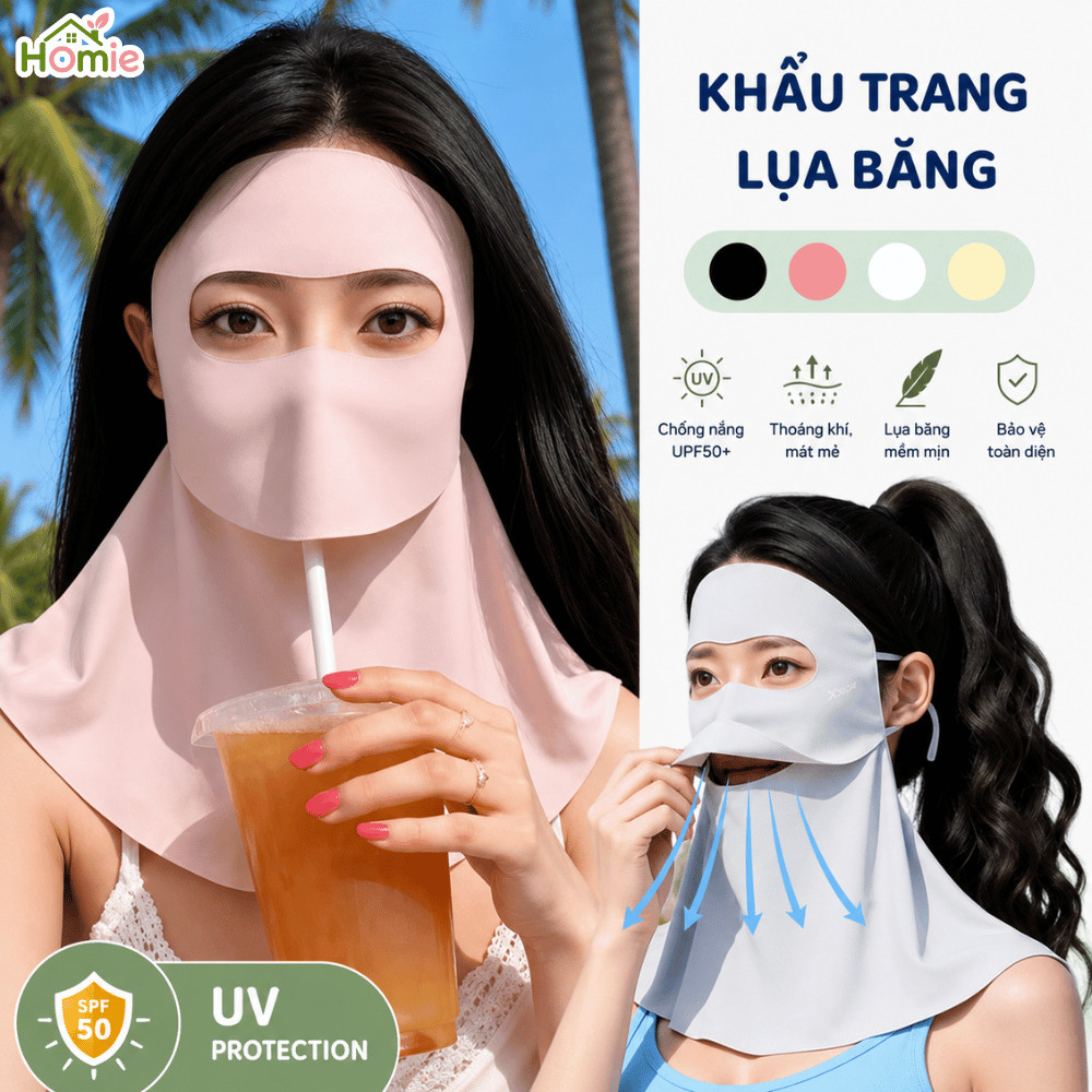 Khẩu Trang Chống Nắng Full Mặt Dài Chống UV HOMIE, Khẩu Trang Chất Liệu Lụa Băng Mịn Mát, Thoáng Khí
