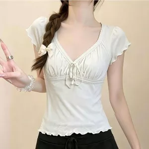 Áo thun nữ tay ngắn xếp ly phong cách Hàn Quốc mùa hè kiểu dáng mới nơ cổ chữ V Slim-