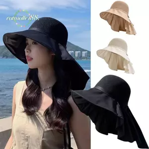Mũ đi biển mùa hè CATMALLER88, Vành rộng UPF50 + Mũ chống nắng vành rộng dành cho nữ, Nắp cổ có thể gập lại Phong cách Hàn Quốc Mũ chống nắng thoáng khí Mặc ngoài trời mùa hè