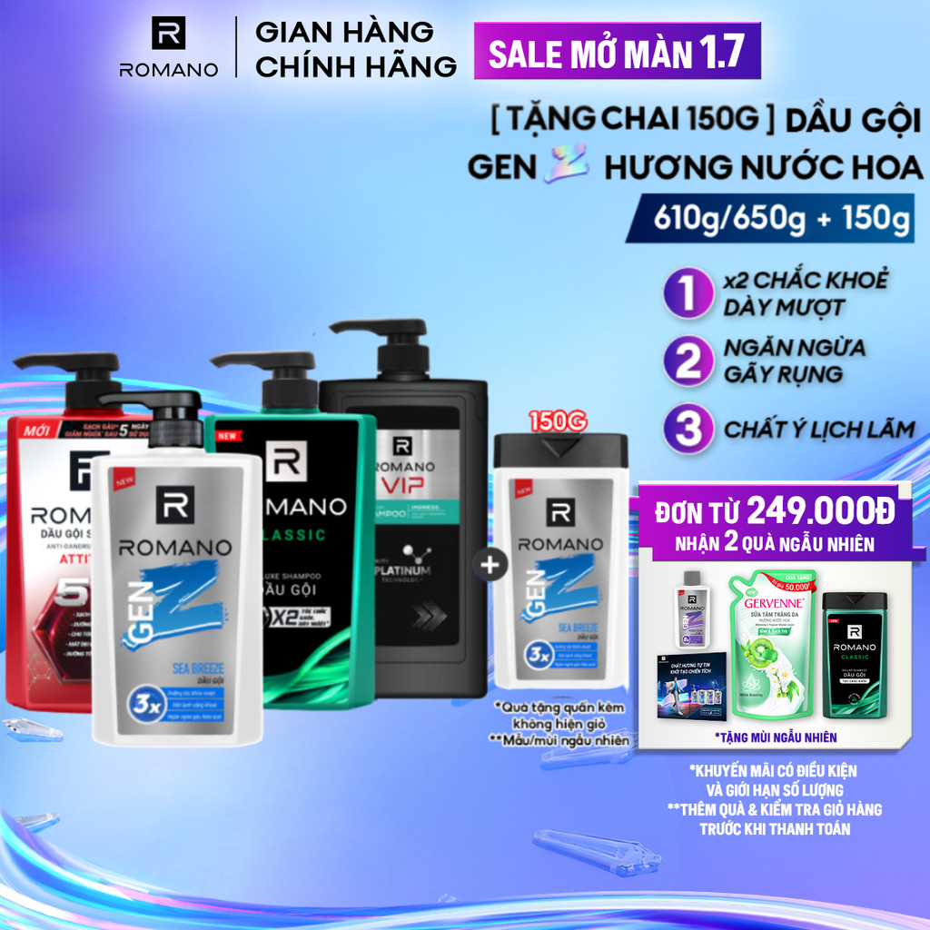 [TẶNG Chai 150G] Dầu gội nam Romano hương nước hoa 650g/ Gen Z 610g/ VIP 650g (Tặng phân loại ngẫu nhiên)