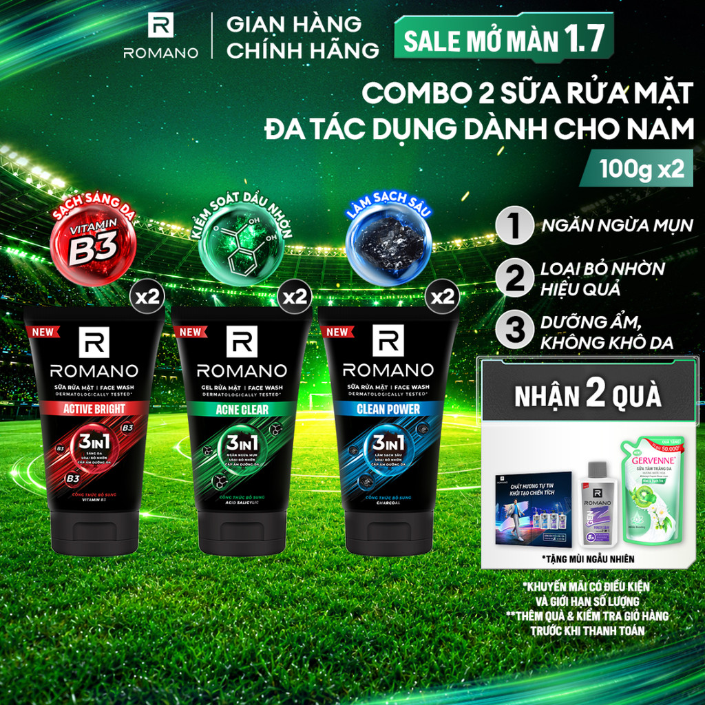 Combo 2 Sữa rửa mặt Romano đa tác dụng dành cho nam giới 100g: Cấp ẩm, Loại bỏ nhờn, Sáng da/Ngừa mụn/Làm sạch sâu