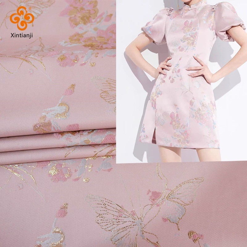 Mới Trung Quốc Bướm Jacquard Vải Nổi Vải Tự Làm Sườn Xám Hanfu Quần Áo Trẻ Em Sân Khấu Đầm 1 Mét