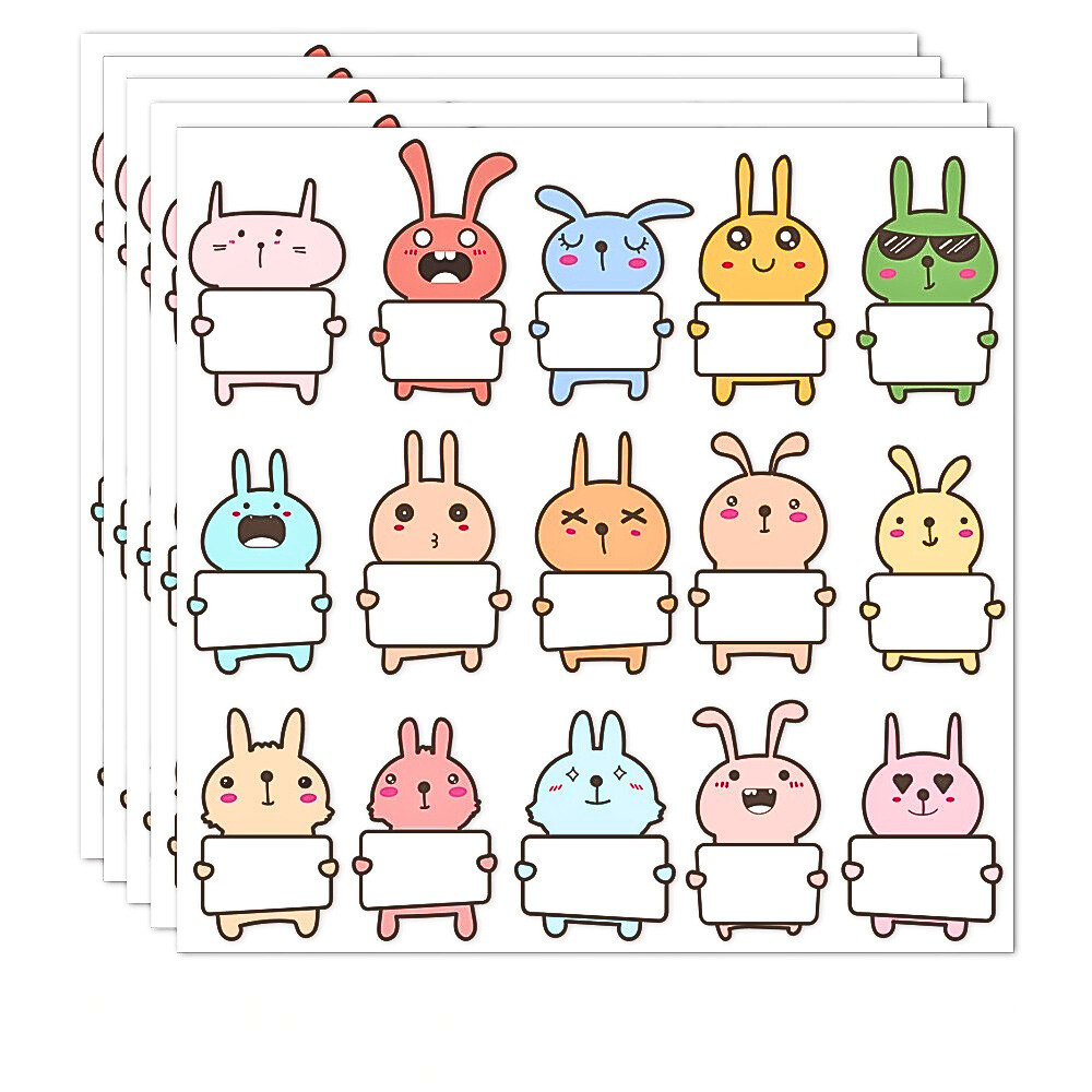 Sticker thỏ hoạt hình dễ thương TE76 tem dán nhiều màu có khung trắng ghi tên cho bé đi học
