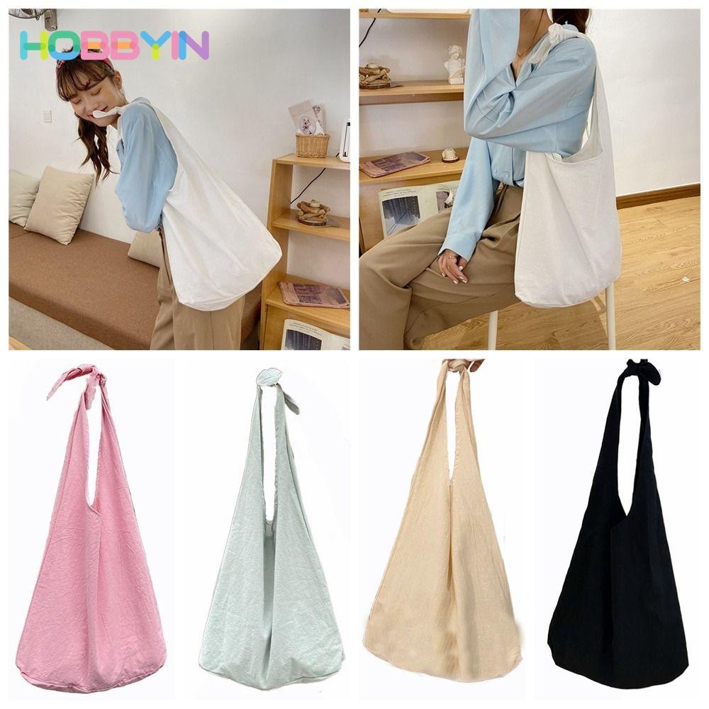 Túi đeo vai HOBBYIN, Túi Tote sức chứa lớn hàng ngày, Túi vải thắt nút màu trơn sáng tạo dành cho sinh viên