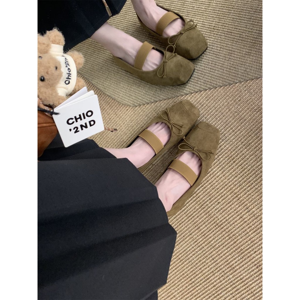 Giày nữ mũi vuông nơ nghệ thuật Mary Jane Flats Suede