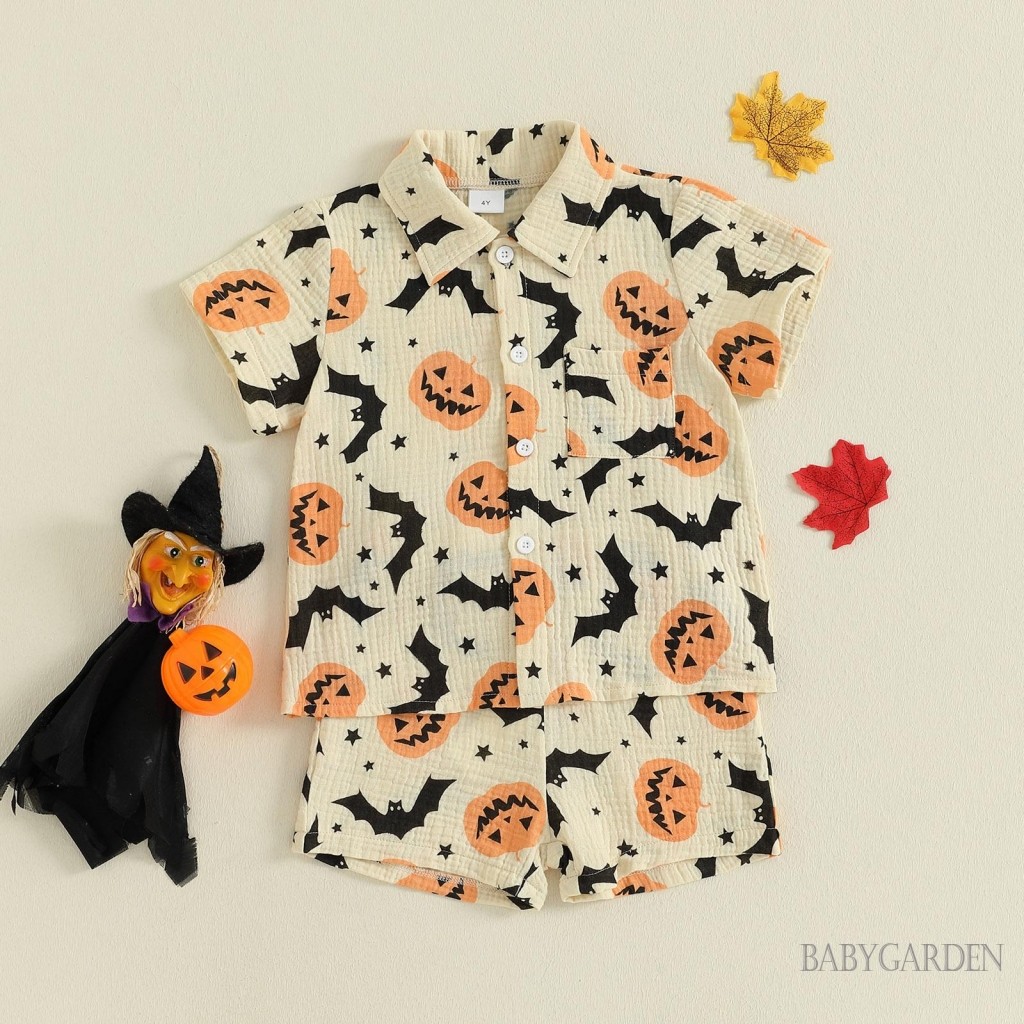 Trẻ Em Bé Trai Trang Phục Halloween Bí Ngô Bát In Hình Áo Sơ Mi Tay Ngắn + Quần Short