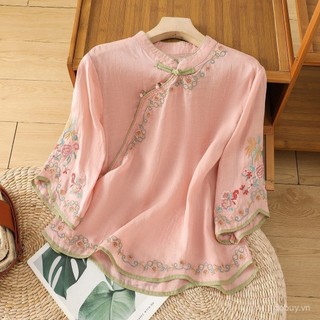 Mới! Áo sơ mi nữ phong cách Trung Quốc retro, thêu tay từ cotton và vải lanh, phù hợp cho mùa hè.