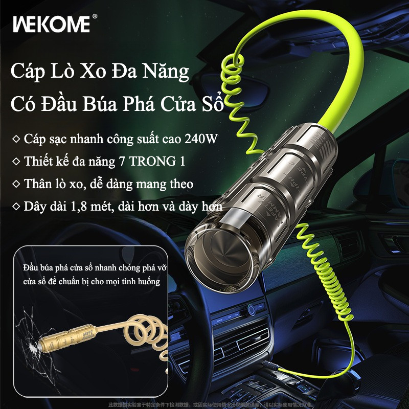 Dây cáp sạc nhanh lò xo - WDC 80 WEKOME - Kèm búa phá cửa - 4 in 1 240W – Lò xo co giãn - Có Carplay