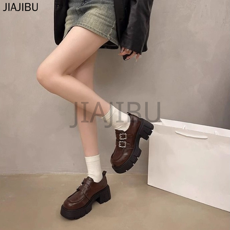 Giày Da Cao Cấp Mũi Tròn Chống Trượt Hai Hàng Khuy Màu Nâu/đen Gót Dày Phong Cách Sinh Viên Anh Dành Cho Nữ Korean Fashion Casual Matte Cosplay Platform Mary Jane Shoes Giày Lolita Đồng Phục JK Nhật Bản