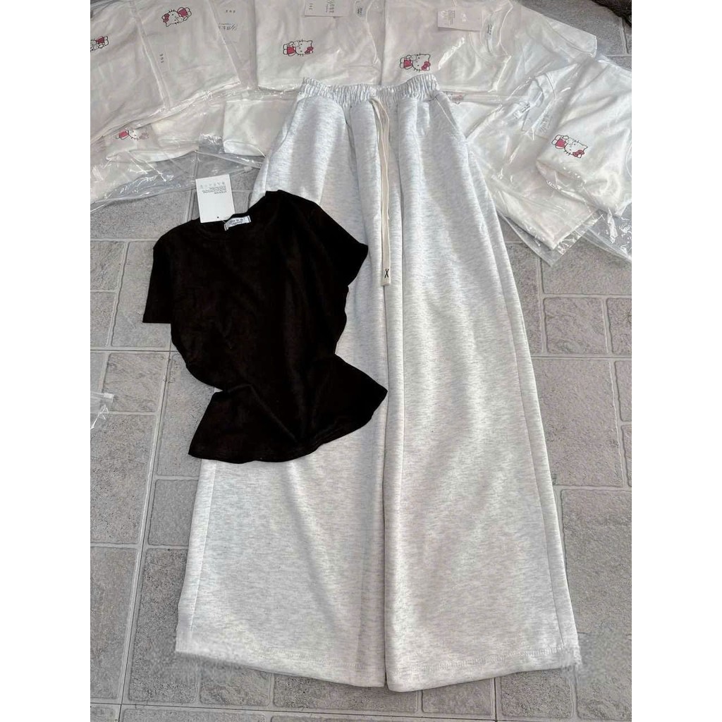 SÉT BỘ QUẦN ỐNG RỘNG DA CÁ DÁNG DÀI TRƠN+ MIX ÁO THUN TĂM CROPTOP TRƠN