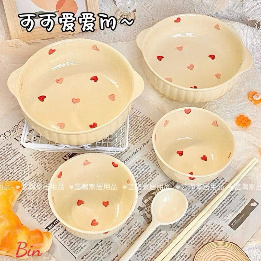 Sét bát to + bát con ăn cơm gồm 4 món - hoạ tiết hoa tim 🌸🌸🌸
