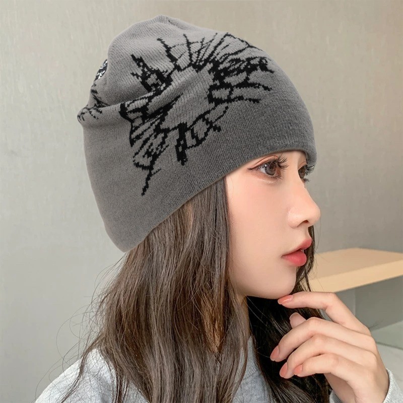 Mũ dệt kim họa tiết Jacquard Y2K Gothic, phù hợp trượt tuyết và cưỡi ngựa