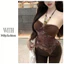 Milyfashion Khâu Không Đều Cổ Dây Sling Mùa Hè Phong Cách Mới Slim-fit Slimmer Nhìn Nâu Gợi Cảm Ngắn Top 8EMD