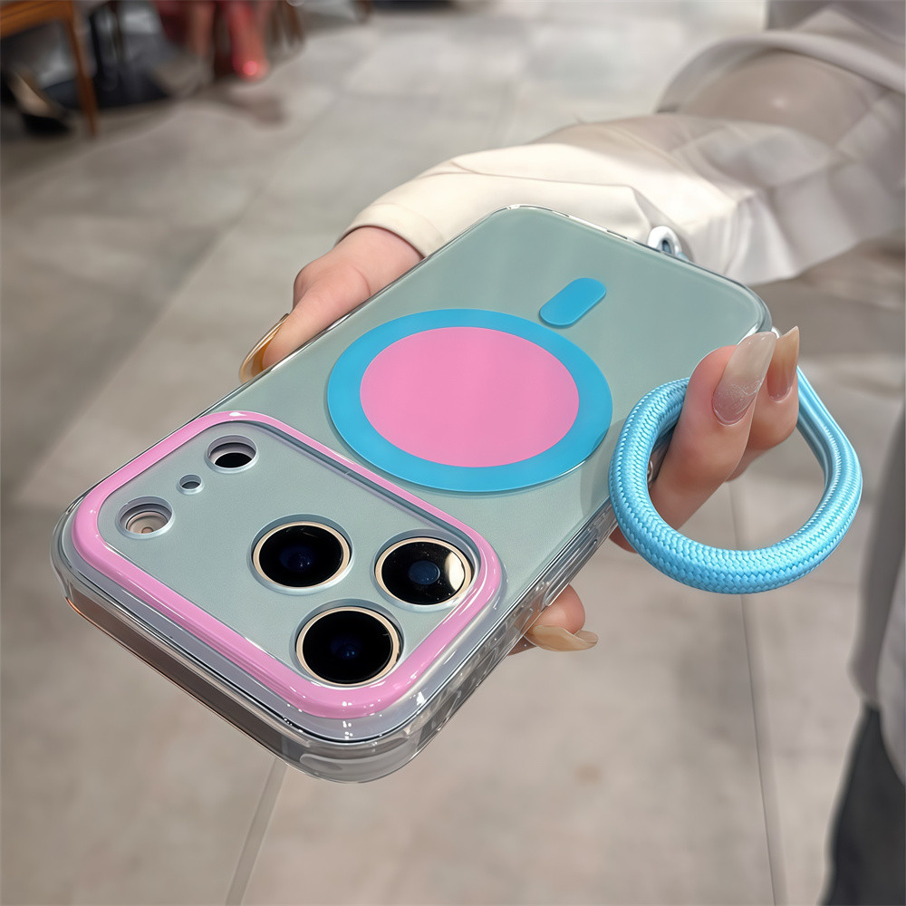 Ốp điện thoại từ tính đầy màu sắc có dây đeo cổ tay cho iPhone 17 Pro Max 15 16 pro max Bao gồm tất cả bảo vệ ống kính máy ảnh vỏ mềm Vỏ bảo vệ vỏ điện thoại