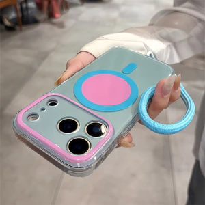 Ốp điện thoại từ tính đầy màu sắc có dây đeo cổ tay cho iPhone 17 Pro Max 15 16 pro max Bao gồm tất cả bảo vệ ống kính máy ảnh vỏ mềm Vỏ bảo vệ vỏ điện thoại