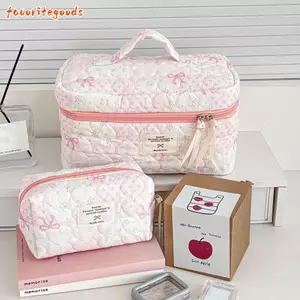 FAVORITEGOODS Túi đựng mỹ phẩm hoa Tote, Quilting Cotton Pink Floral Nơ Túi đựng đồ vệ sinh nữ, Túi đựng đồ trang điểm có dây kéo dung tích lớn ngọt ngào Đồ vệ sinh