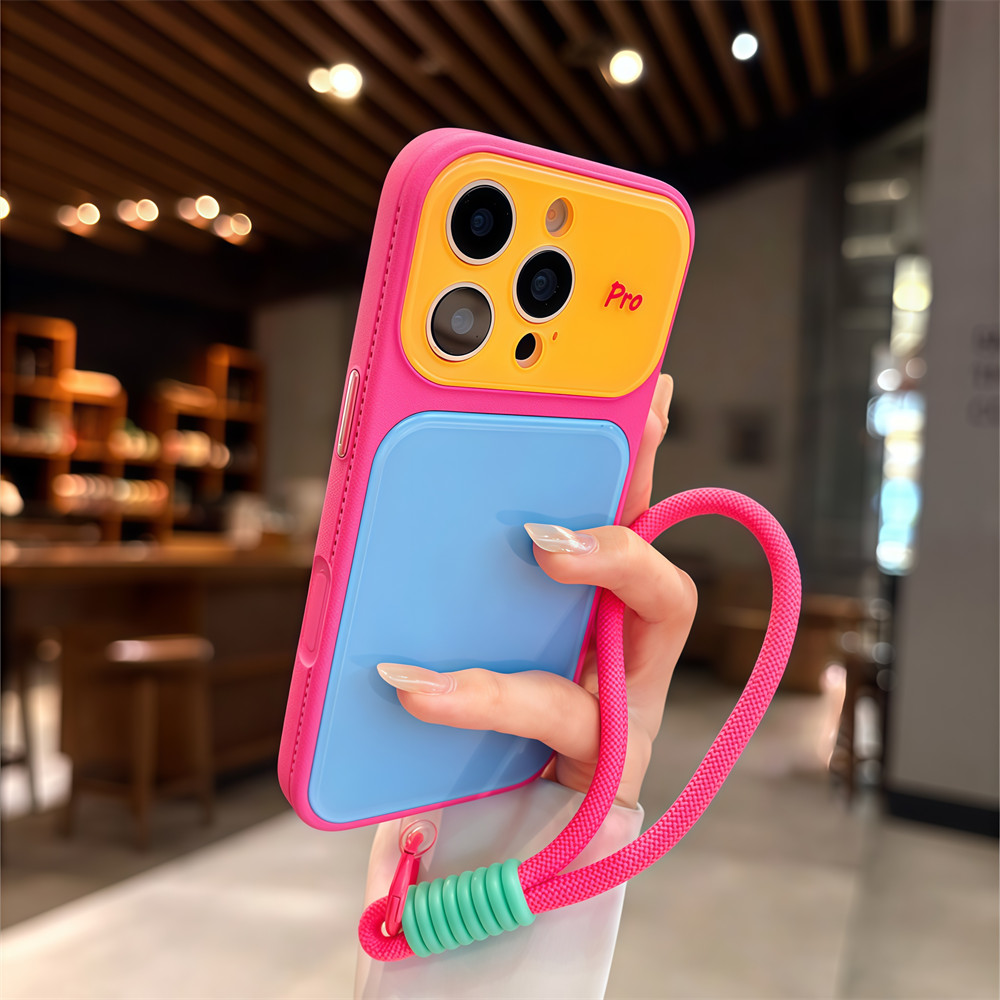 Ốp điện thoại dây đeo cổ tay màu tương phản thời trang cho iPhone 17 Pro Max 13 14 15 16 pro max Bảo vệ ống kính chống rơi Vỏ cứng bảo vệ điện thoại