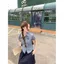 Mùa hè phong cách mới tay ngắn thêu trái tim mỏng vừa vặn Áo sơ mi kẻ sọc thiết kế hàng đầu POL phù hợp