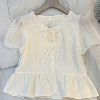 Áo Kiểu Nữ Tay Ngắn Cổ Hoa 3D Phong Cách Pháp Dáng Babydoll Viền Bèo Nhún Thanh Lịch Mùa Hè 2026 Hot Trend