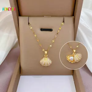 < Honeyba > Ngọc Trai Nelace Cho Nữ Đầy Kim Cương Giả Vỏ Mặt Dây Chuyền Titan Nelace Không Mòn Kim Loại Nelace Đẹp