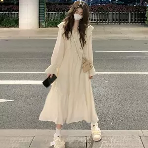 Đầm cao cấp kiểu Pháp Thiết kế dài tay phong cách mới Lá sen Cảm giác nhẹ nhàng Eo cao ôm hơn Váy dài