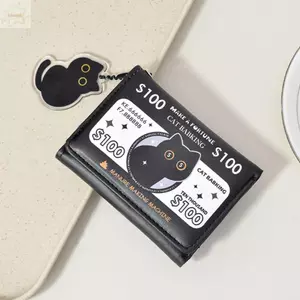 Ví may mắn lễ hội AWNGD, Ví đựng tiền xu bằng da PU đen trắng, Ví đựng tiền xu nữ có sức chứa lớn ba lần thời trang dành cho mèo Thiết kế Babking Ví Mini dành cho nữ