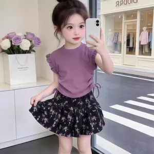 Váy mùa hè bé gái (90-160) Thời trang hoa Váy xù màu tím thông thường Bộ hai mảnh