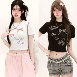 Áo thun ngắn tay ngắn Cotton nguyên chất Top Dopamine nơ in hình gấu ngắn nữ ngắn