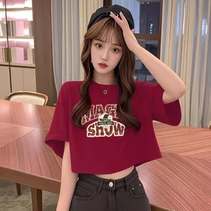 Áo thun ngắn tay màu đỏ rượu vang dành cho nữ Cotton nguyên chất dáng rộng mỏng hơn trông eo cao ngắn nửa tay hàng đầu