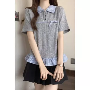 Áo thun ngắn tay kẻ sọc khâu cổ áo polo chính hãng dành cho nữ mùa hè Phong cách mới Giảm tuổi viền nấm nhỏ