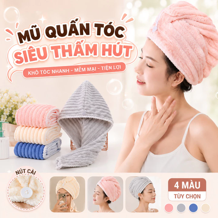 Mũ Quấn Tóc Cao Cấp Siêu Thấm Hút Nhanh Khô, Khăn Lau Tóc Lọn Bông To Siêu Thấm