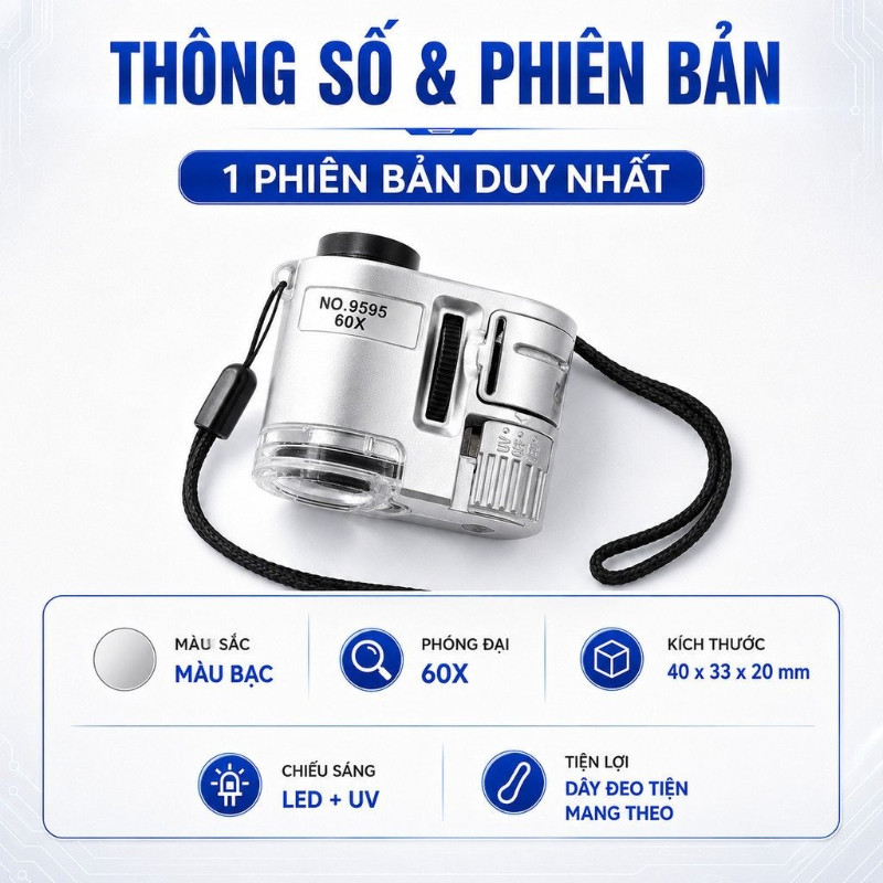 Kính Lúp Mini Cầm Tay 60X Màu Bạc Có Đèn LED Và UV Nhỏ Gọn Dễ Mang Soi Chi Tiết Trang Sức Đồng Hồ