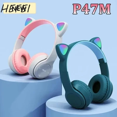 Tai nghe không dây tai mèo HEFEI, Tai nghe Bluetooth tai mèo phát sáng có thể gập lại, Tai nghe bảo vệ chuyển màu Bluetooth thời trang Tai nghe máy tính Máy nghe MP3