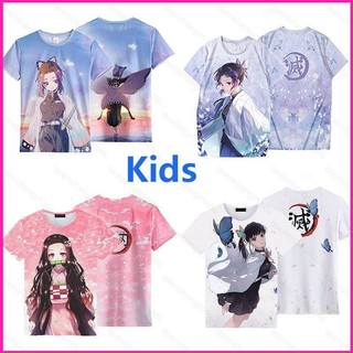 PS2 Trẻ Em Demon Slayer Áo Thun Cosplay Tay Ngắn Áo Trang Phục Tee Tanjirou Nezuko Croptop Áo Chopper Casual Plus