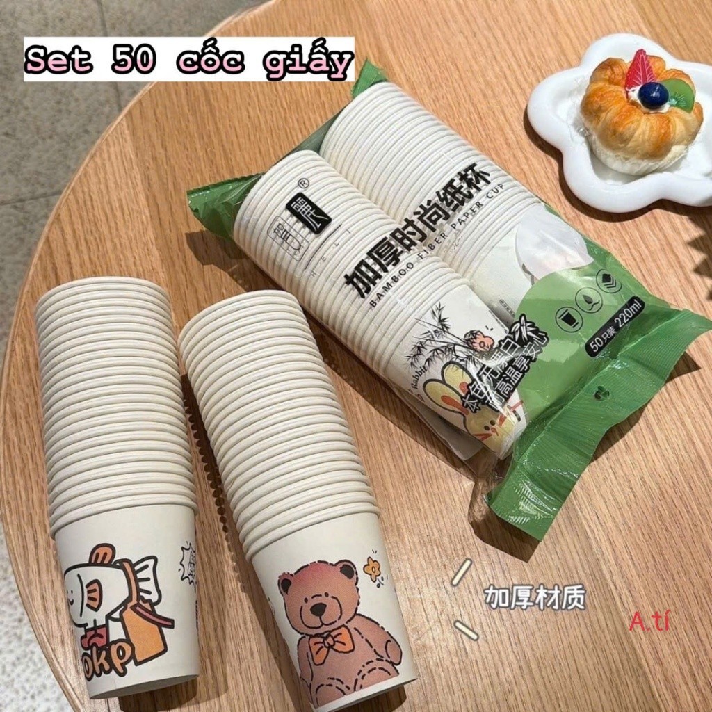 Set 50 cốc giấy dùng 1 lần chịu nhiệt  hình capybara