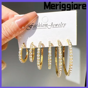 MERIGGIARE 3 Đôi Bông Tai Vòng, Bông Tai Pha Lê Kim Cương Giả Sáng Bóng Màu Vàng / Bạc, Thời Trang Kích Thước Khác Nhau Đơn Giản Trang Sức Sang Trọng Nữ