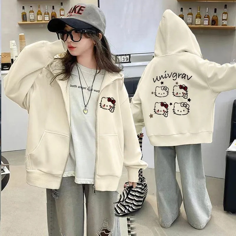 Hoạt Hình Hello Kitty Cardigan Có Mũ Trùm Đầu Mùa Xuân Thu Áo Khoác Bé Gái Thu Đông Phong Cách Mới Vừa Lớn Trẻ Em Lông Cừu Lót Dây Kéo Swe