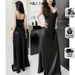 Váy Lụa Hai Dây Có Tà Xẻ Đùi Khoe Dáng - NV638 Váy Lụa Nhẹ Nhàng Sang Chảnh Nữ Women Dress Nhung Đen