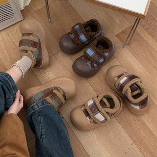 XIXITIAO Giày Cotton Nữ Mùa Đông Retro Màu Sắc Tương Phản Kẻ Sọc Bên Ngoài Mặc Velcro Đế Dày Giữ Ấm