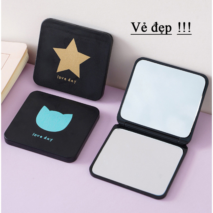 M7 Gương trang điểm gấp gọn mini 2 mặt màu đen vỏ nhám 7*6.5cm MALAN