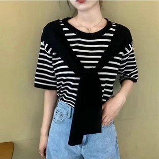 Áo Phông Bigsize Nữ Kèm Khăn Thủy Thủ Áo Thun Kẻ Sọc Cá Tính Cho Chubby A308+Khăn