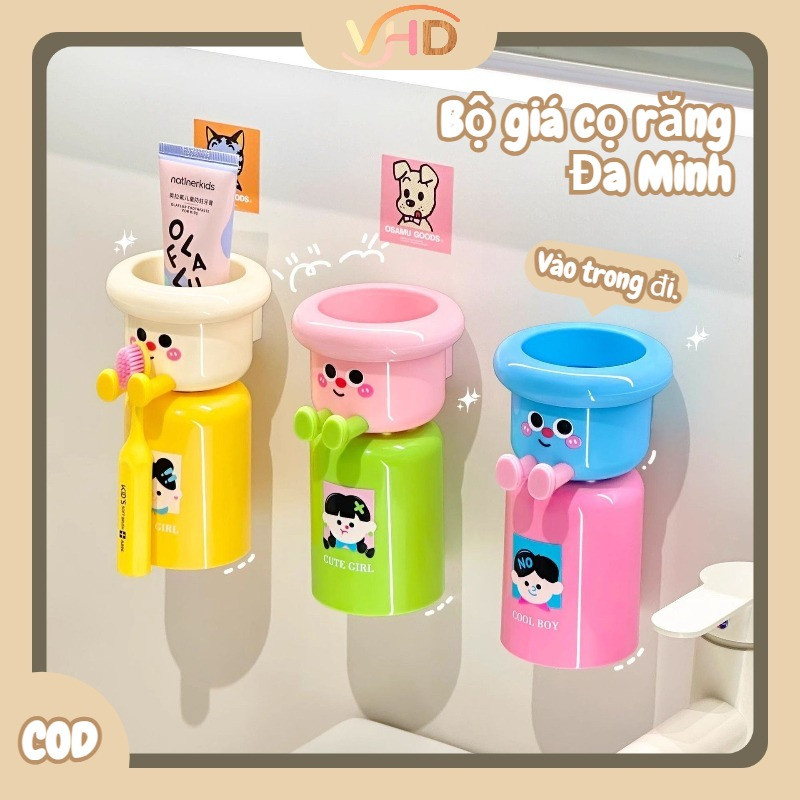 Bộ Giá Cốc Cọ Răng Treo Tường - Hình Ảnh Hoạt Hình Dễ Thương, Tích Hợp Nam Châm, Không Cần Khoan Lỗ