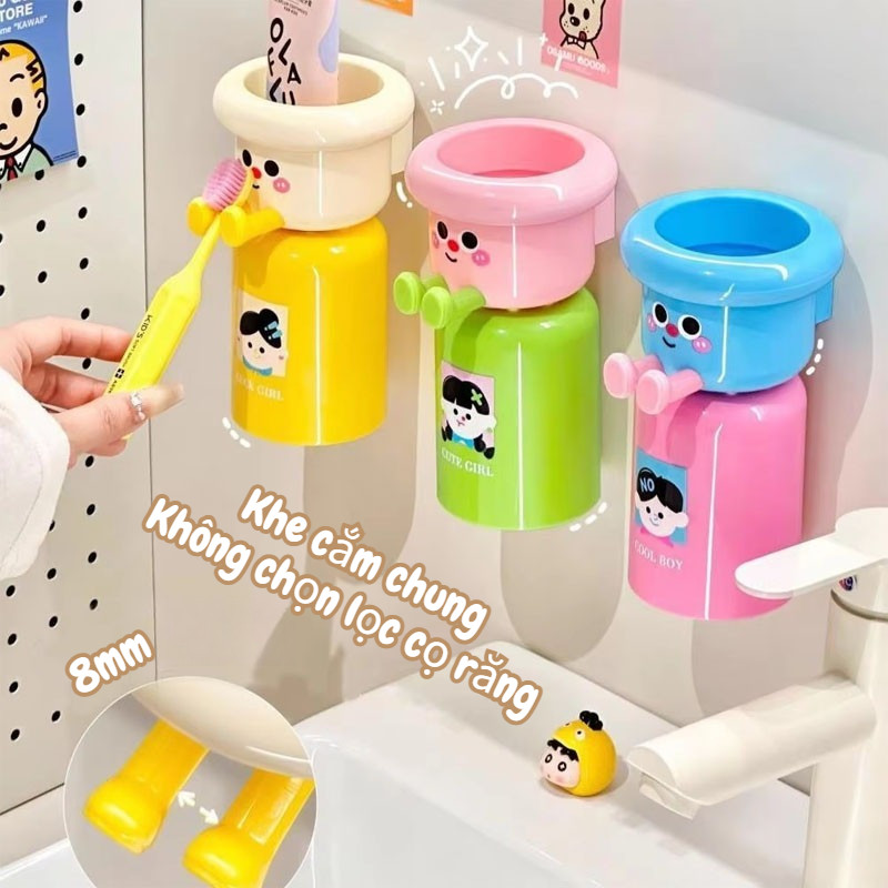 Bộ Giá Cốc Cọ Răng Treo Tường - Hình Ảnh Hoạt Hình Dễ Thương, Tích Hợp Nam Châm, Không Cần Khoan Lỗ