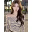 Pure Desire Hot Girl Style Da báo cổ áo chéo dài tay Áo thun nữ mùa hè Phong cách mới Slim-Fit Slimmer Look All-Match Top