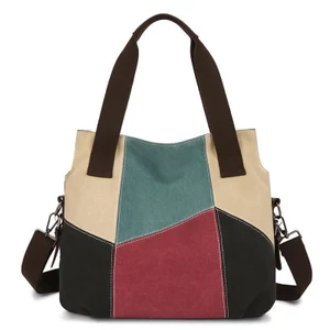 Túi Tote Canvas Retro Màu Sắc Tương Phản Dung Tích Lớn Di Động Đeo Ngang Đi Lại Nữ