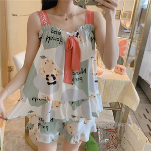 Đồ Ngủ Hai Dây Bộ Đồ Hai Chiếc Nữ Phong Cách Hàn Quốc Mẫu Mỏng Bộ Đồ Mặc Nhà Cô Gái Hoạt Hình Giản Dị Nơ Bướm