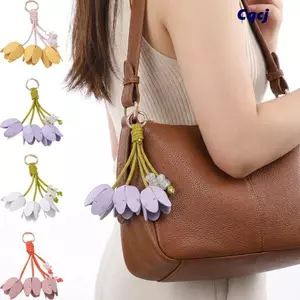 Mặt dây chuyền móc khóa CQCJ, Túi tông màu vàng hạt quyến rũ, Da thời trang như hoa Tulip Phong cách tua rua hoa trang trí túi móc khóa